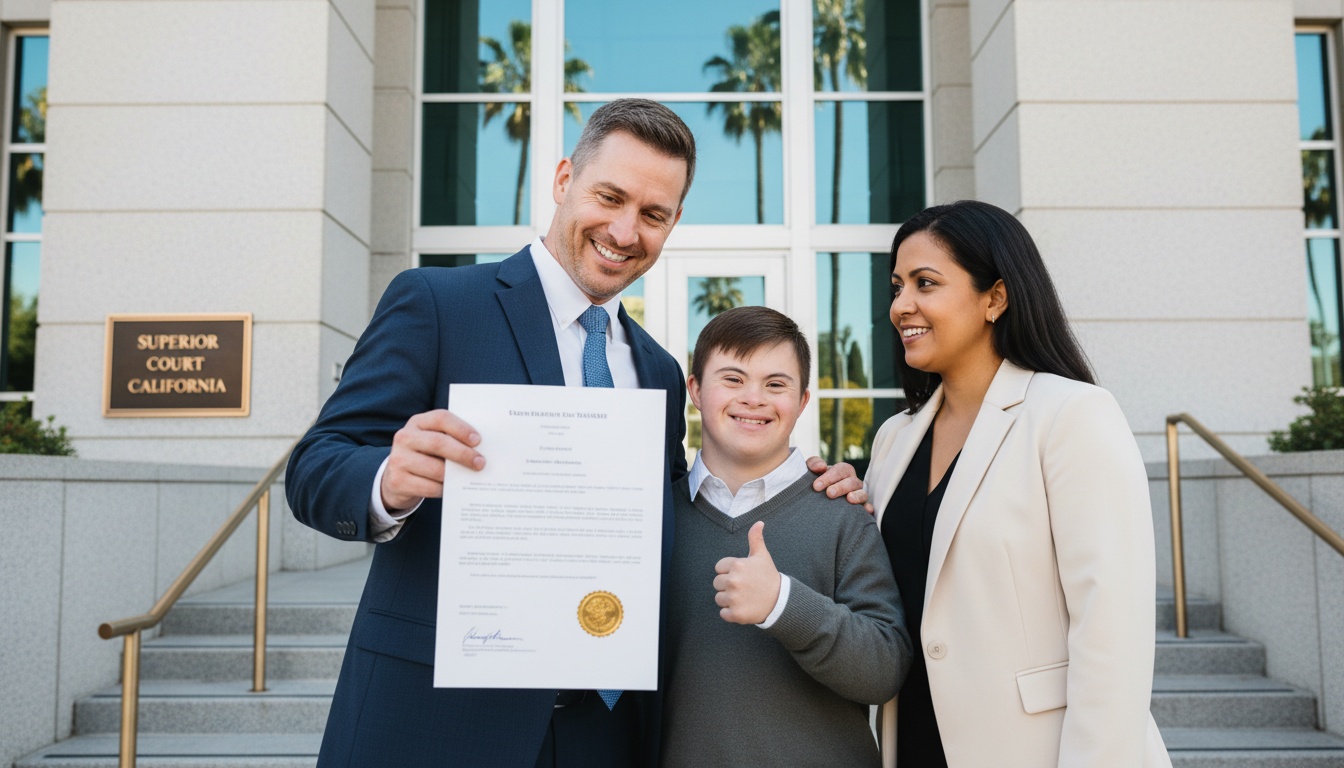 A diverse family, including parents and their young adult son with Down syndrome, are smiling warmly outside a California courthouse. The father holds a legal document, symbolizing a successful legal outcome and peace of mind for their future.