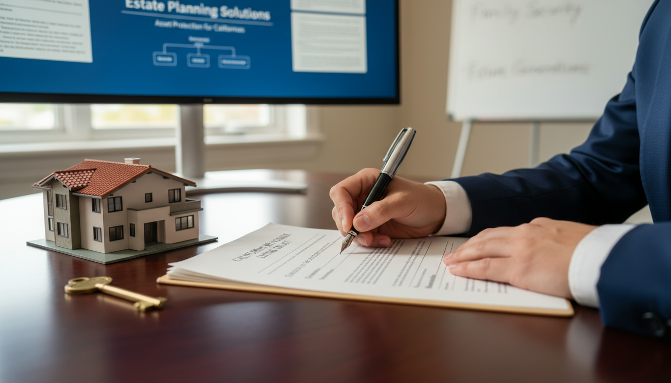 A close-up shot of a person's hands signing a formal trust document with a fountain pen. A house key and a small, detailed model of a California home rest nearby on the polished desk.