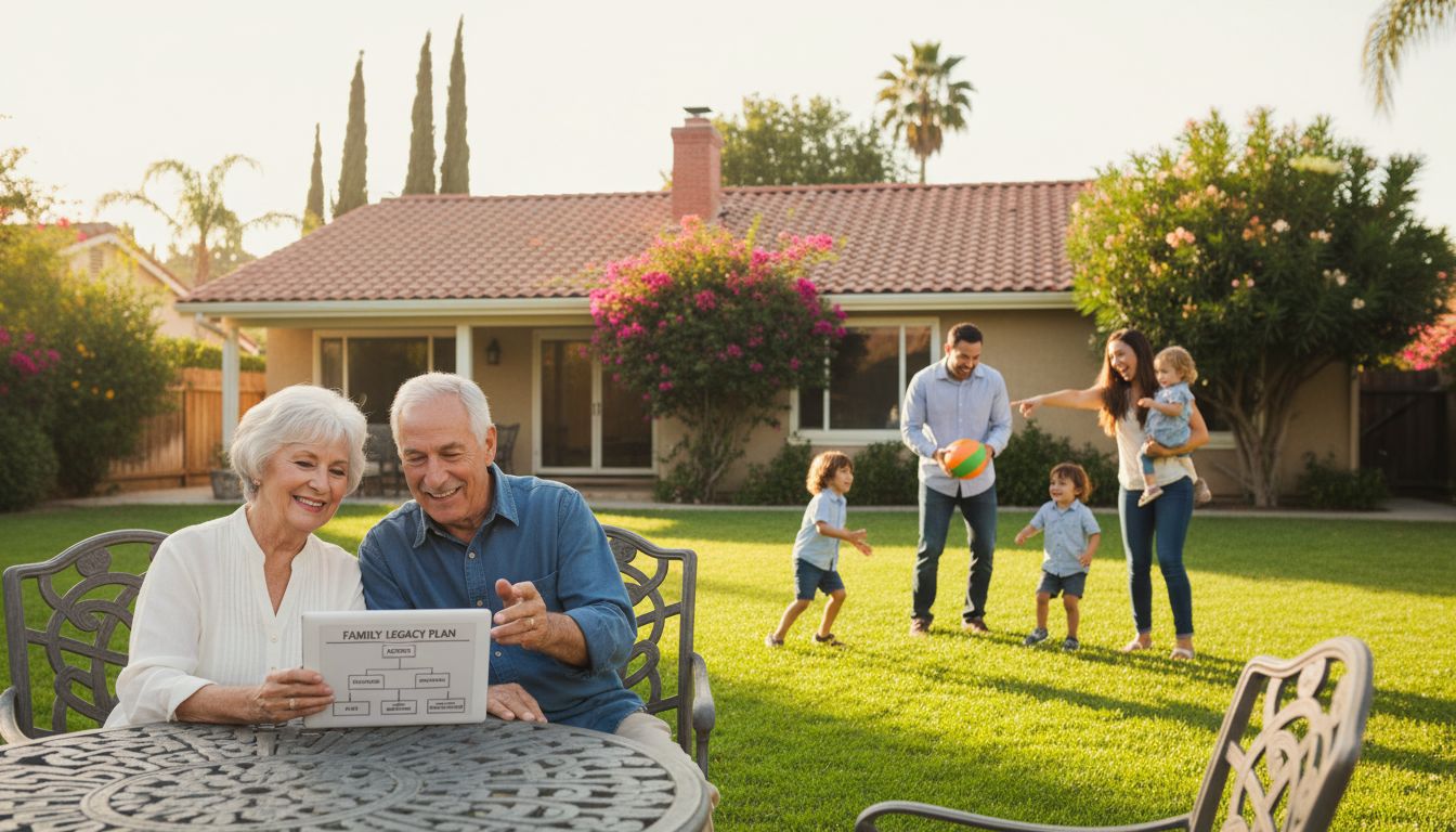 A multi-generational family gathered in the backyard of a well-kept Turlock home. Grandparents watch as their adult children and young grandchildren play on the lawn, conveying a sense of security, legacy, and family harmony.