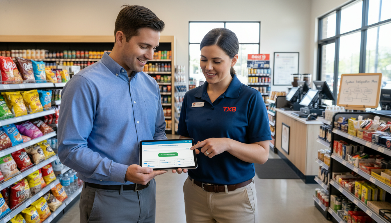 An IT manager and a store manager standing in a bright, modern TXB convenience store, looking at a tablet that shows a simple, clean dashboard for employee onboarding. The interface is streamlined, reflecting the efficiency of their new unified system.
