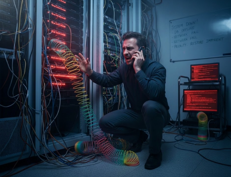A frantic IT administrator in a dimly lit server room, illuminated only by red warning lights on a server rack. Wires are tangled, and the administrator is on the phone, looking stressed, conveying the chaos of a critical system failure.