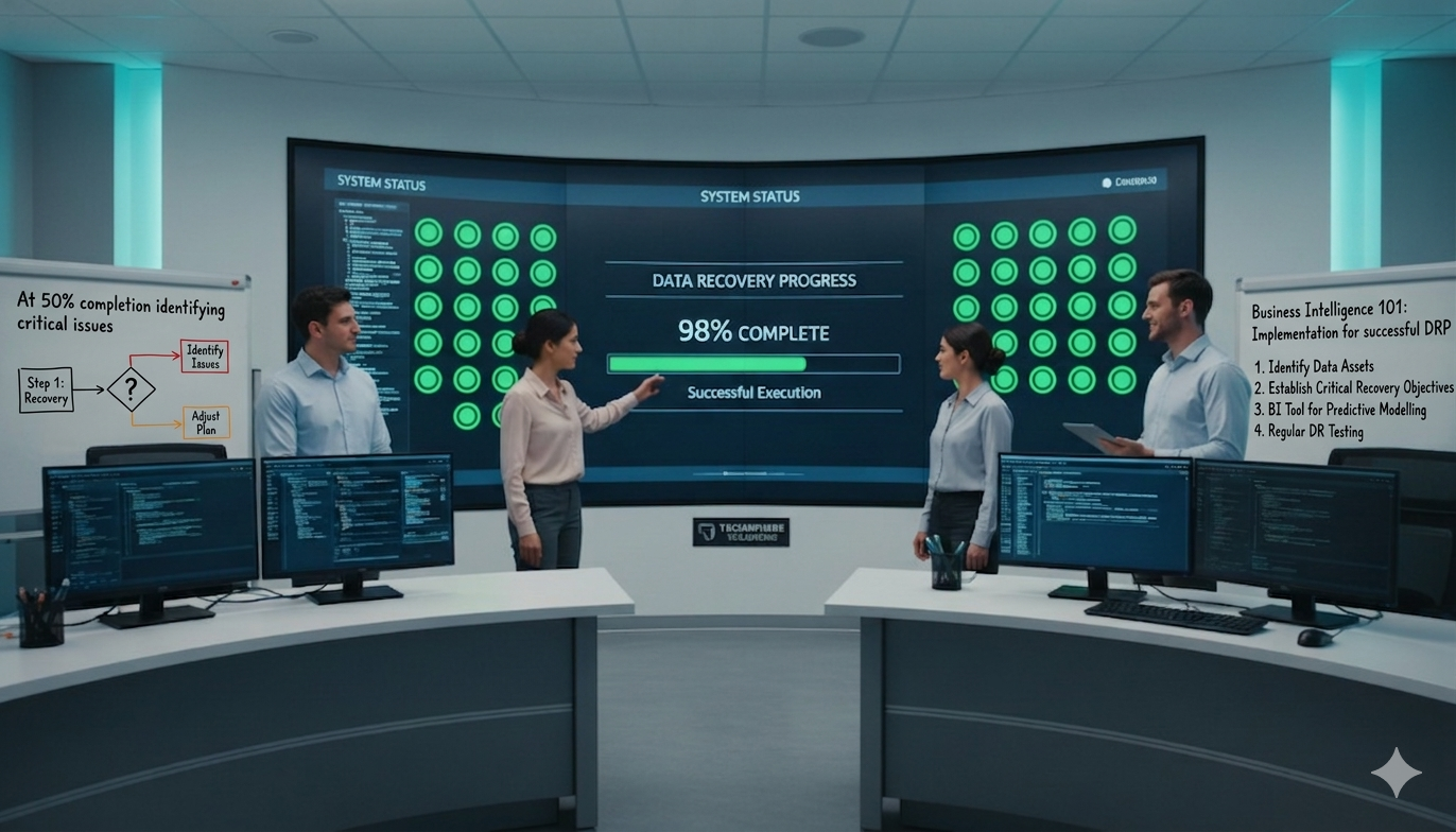 A calm and professional IT team collaborating in a modern, well-lit command center. They are looking at a large dashboard displaying green status indicators and data recovery progress, illustrating a successful disaster recovery execution.