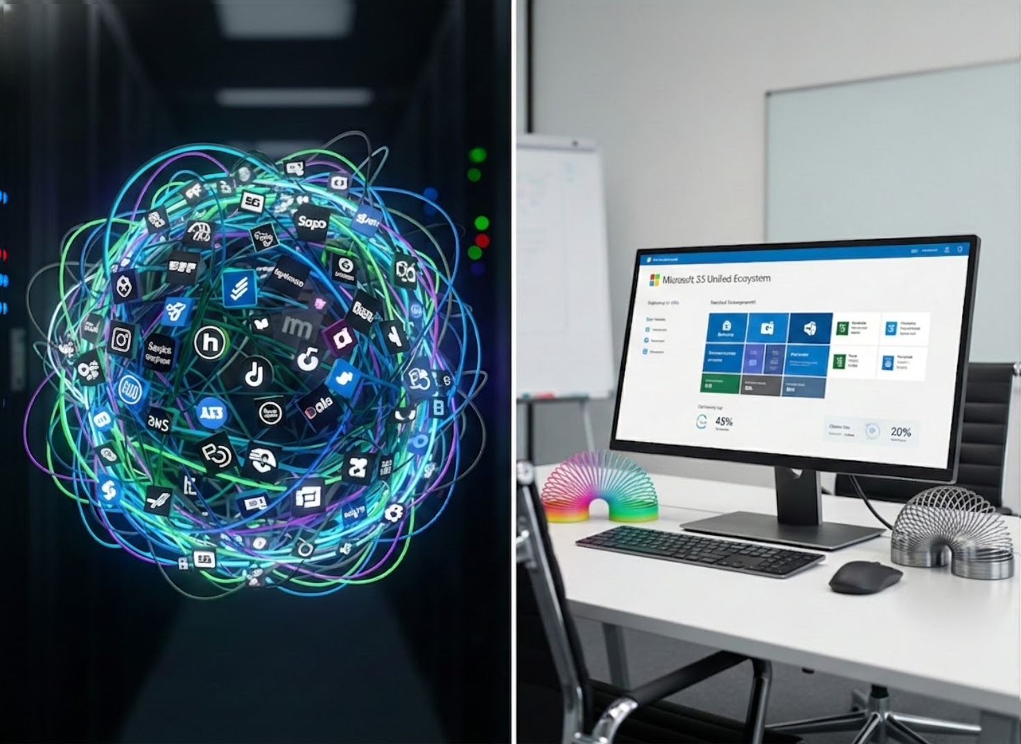 A network administrator in a modern, clean server room, looking at a single, glowing monitor displaying a unified Microsoft 365 dashboard. On the dusty, powered-down server racks behind him, there are faded logos of various legacy software vendors, symbolizing consolidation.