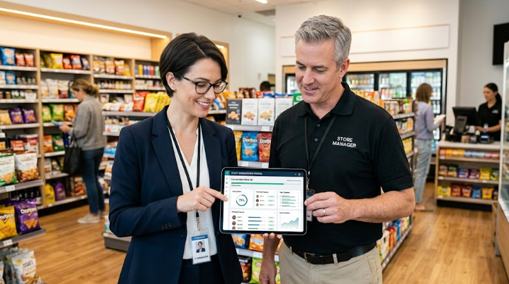 An IT manager and a store manager standing in a bright, modern convenience store, looking at a tablet that shows a simple, clean dashboard for employee onboarding. The interface is streamlined, reflecting the efficiency of their new unified system.