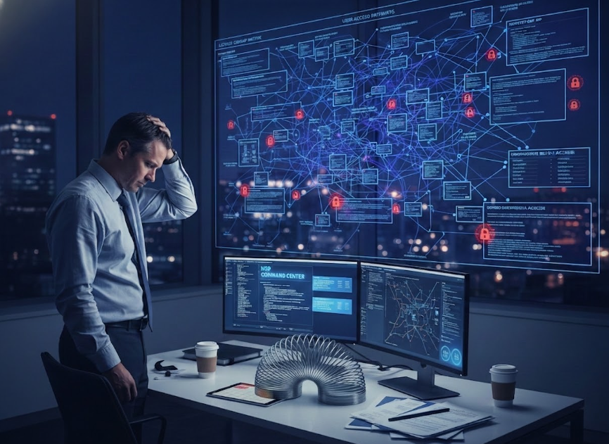A stressed CTO in a sleek, minimalist office at night, looking at a complex, chaotic diagram of overlapping software licenses and user accounts projected on a large screen, with red alert icons flashing over security gaps.