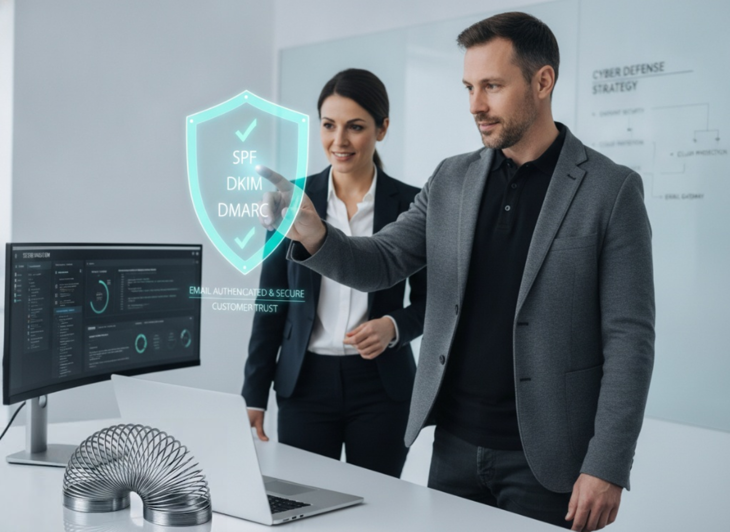 A sleek, modern office setting. A cybersecurity analyst points to a holographic shield icon floating above a laptop screen. The shield displays green checkmarks for SPF, DKIM, and DMARC, symbolizing a secure and authenticated email system that builds customer trust.