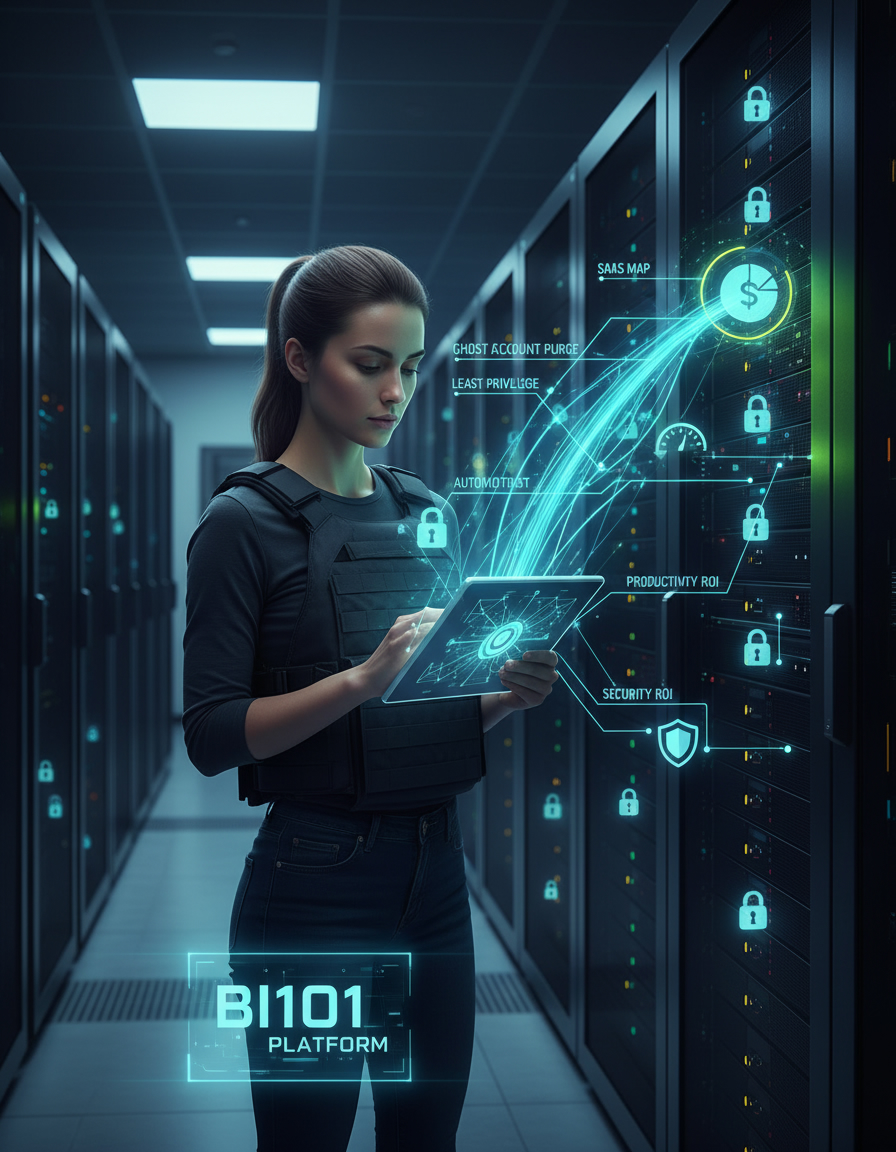 A network engineer in a secure data center is holding a tablet displaying a unified security dashboard. Glowing lines of light connect the dashboard to server racks, each adorned with a digital padlock, illustrating centralized identity management.